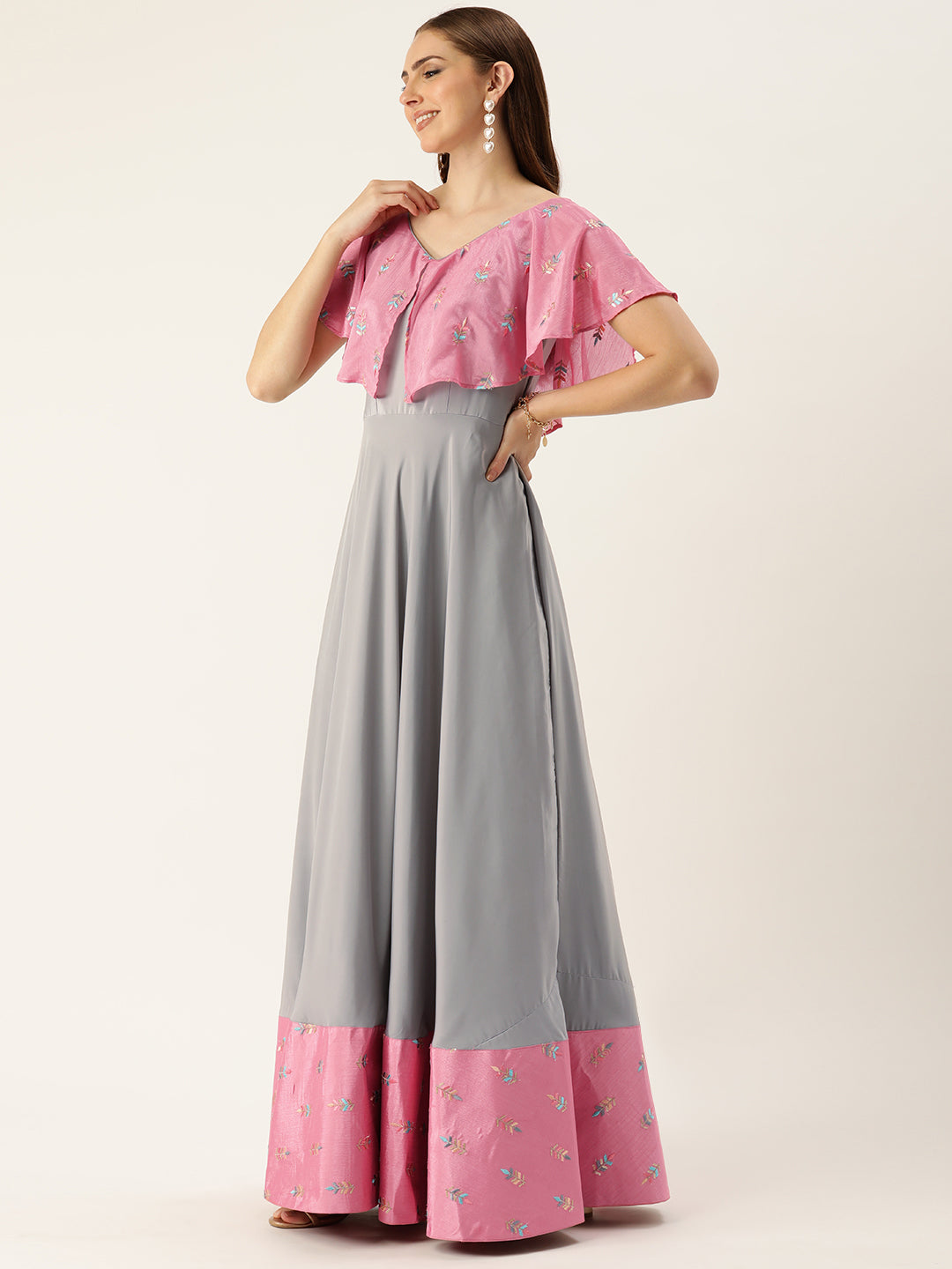 Bollywood Vogue Ready To Wear Grey Art Silk N Pink Chinon Zero Shoulder Style Gown - Side View