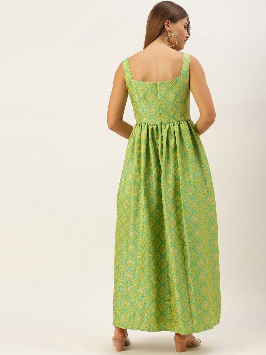Bollywood Vogue Ready To Wear Green Patola Strap neckline Dress - Back View