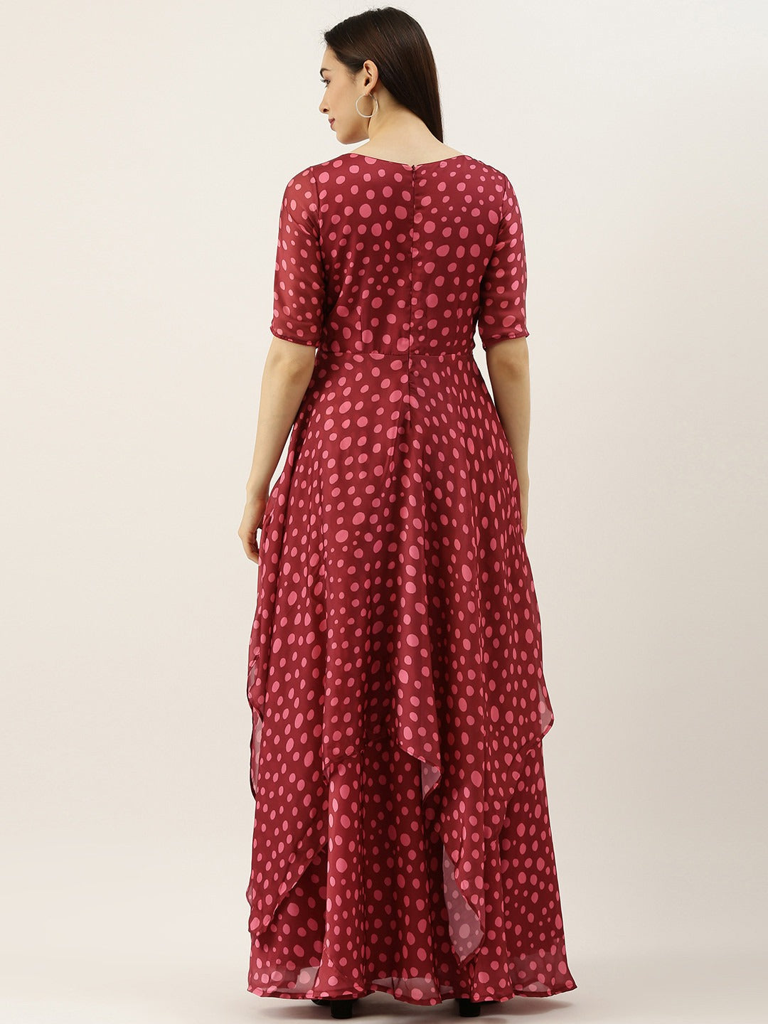 Bollywood Vogue Ready To Wear Maroon Satin Printed handkerchief Gown - Back View