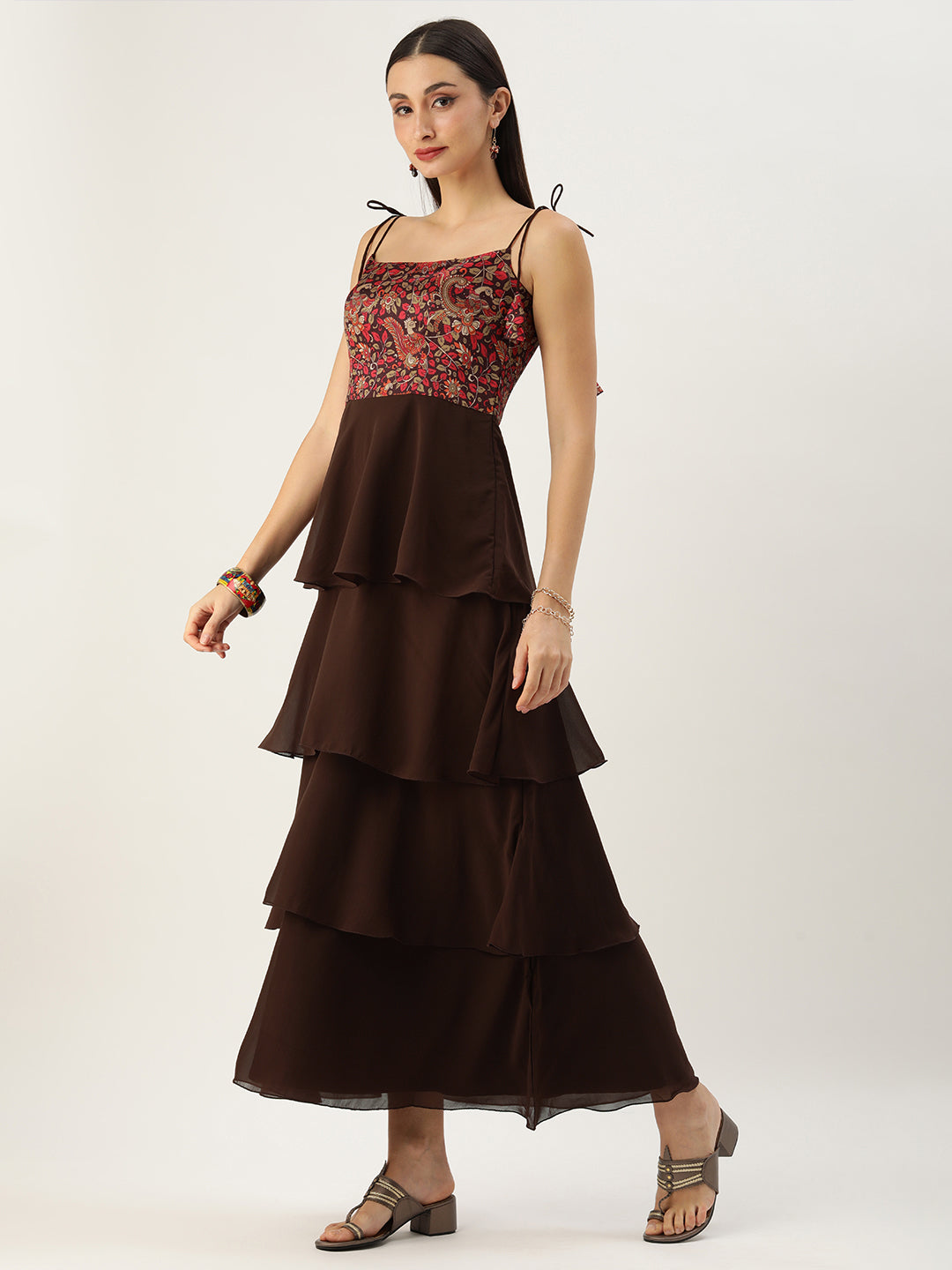 Bollywood Vogue Ready To Wear Multicolored Art Silk Printed N Brown Layered Dress - Side View