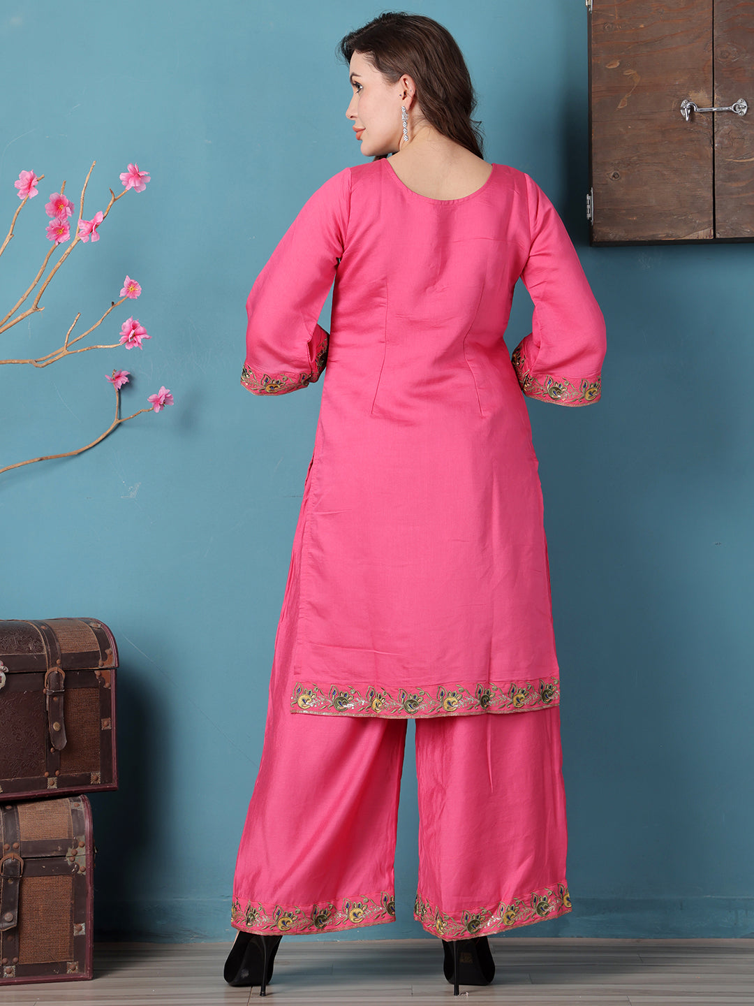 Bollywood Vogue Ready To Wear Pink Art Silk Embroidered Kurta Sets - Back View
