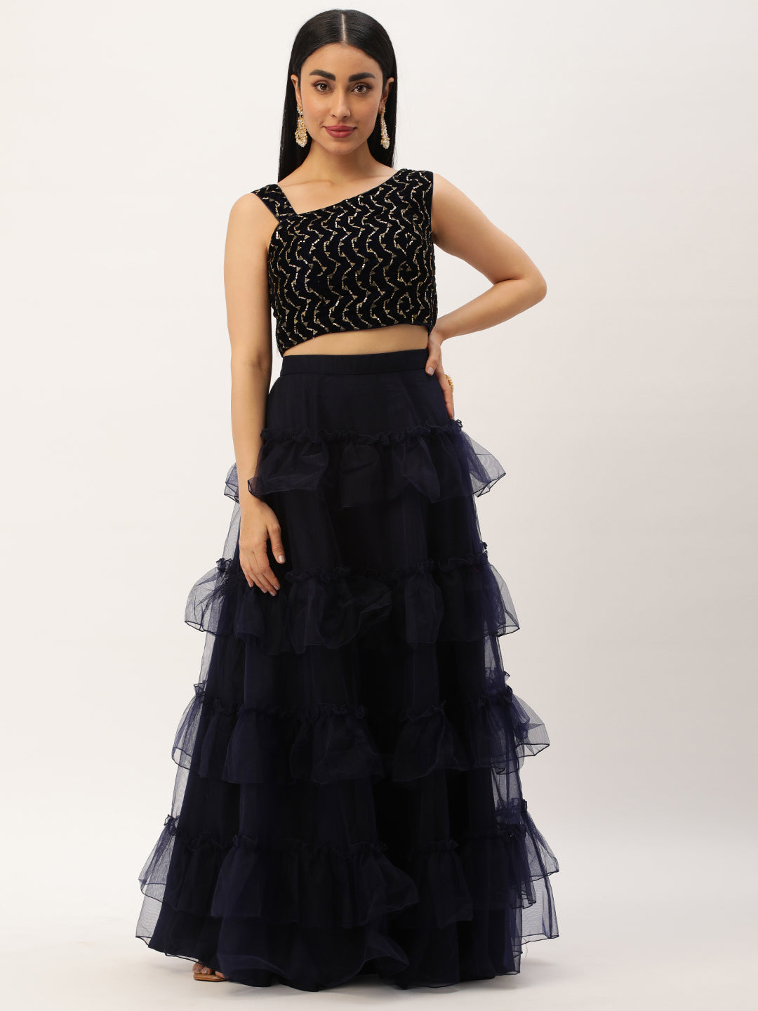 Bollywood Vogue Ready To Wear Blue Velvet Embroidered Crop Top N Blue Skirt Set - Front View