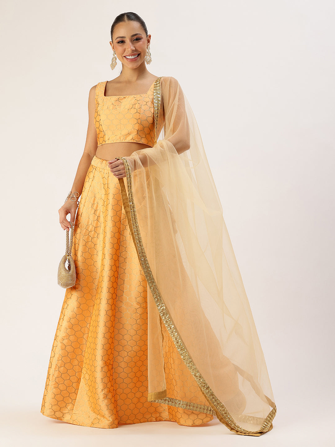 Bollywood Vogue Ready To Wear Peach Jacquard Kali Lehenga - Detail View