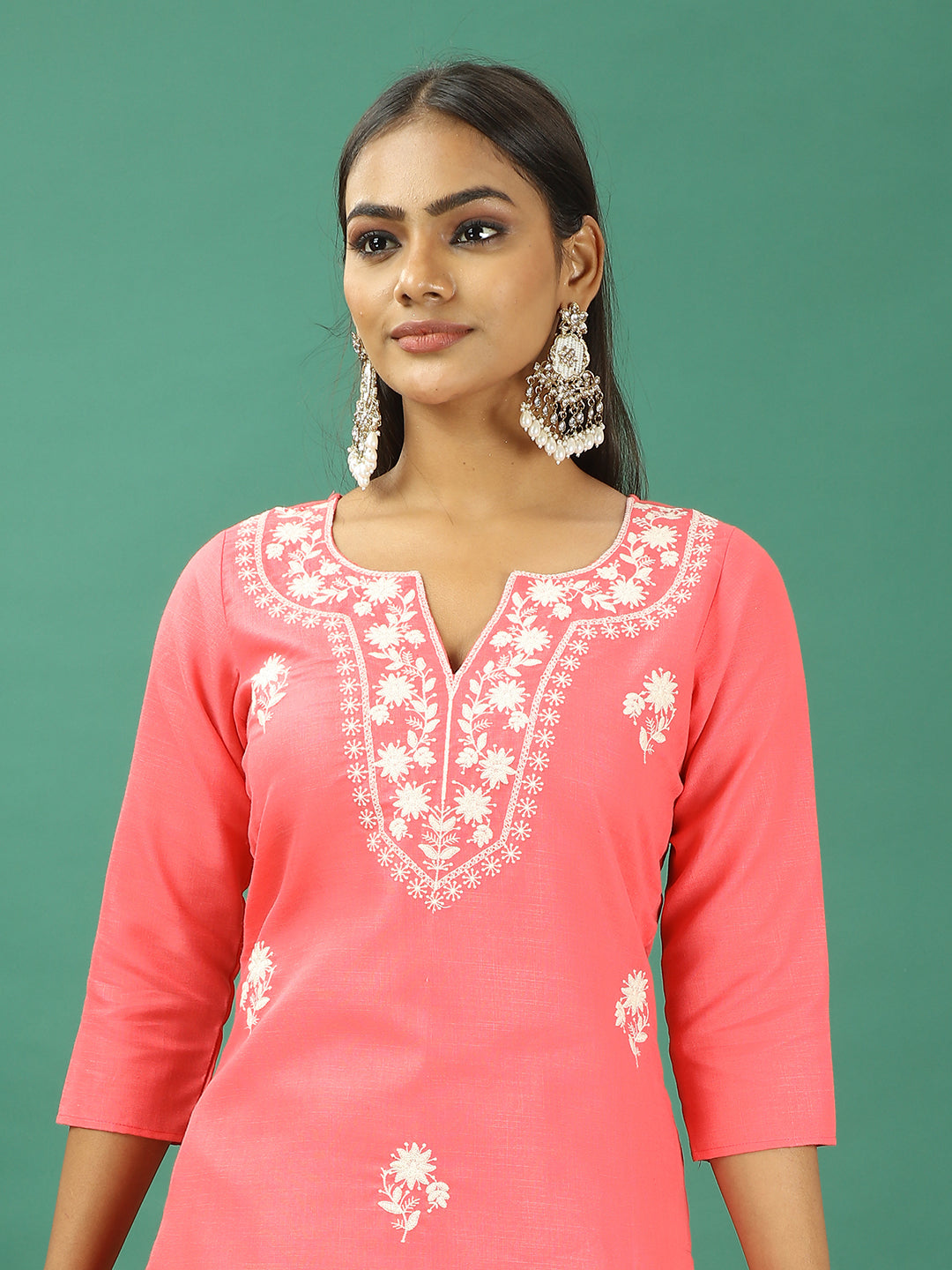 Bollywood Vogue Ready To Wear Coral Rayon Embroidered Straight Pant Suit - Detail View