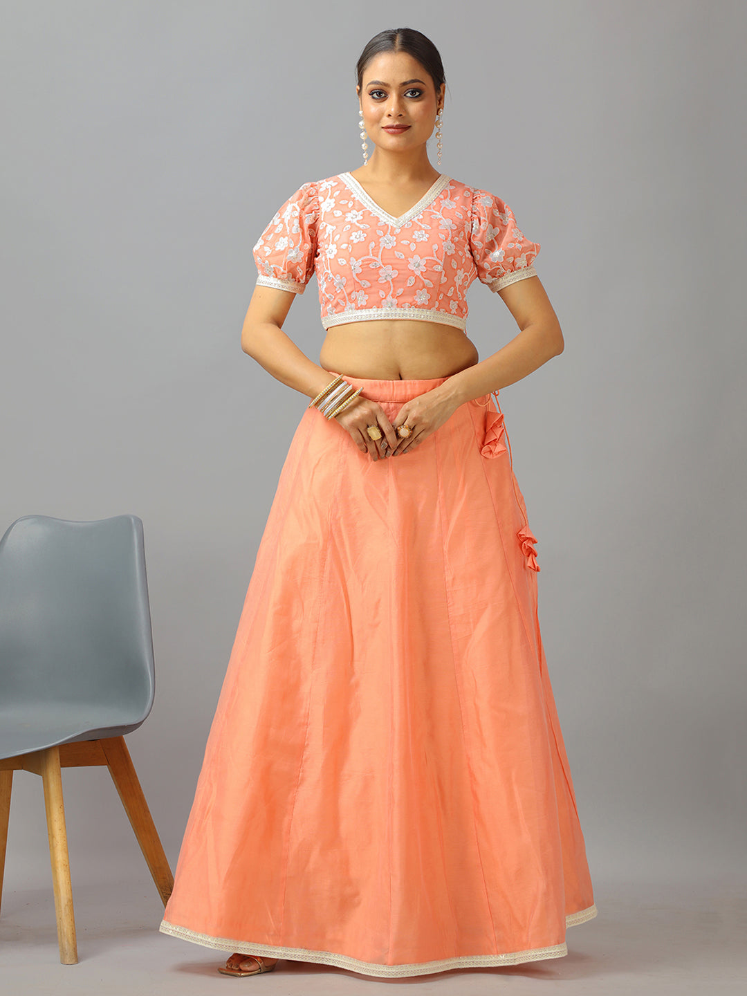 Bollywood Vogue Ready To Wear Peach Embroidered Georgette N Art Silk Lehenga Set - Detail View
