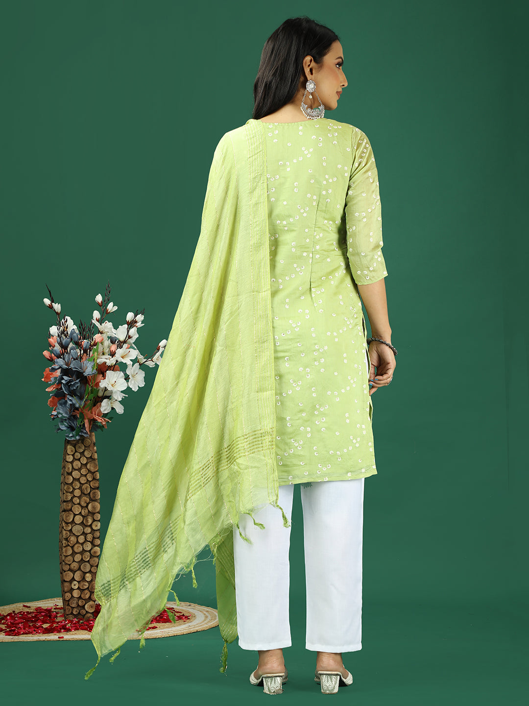 Bollywood Vogue Ready To Wear Light Green Cotton Foil Printed Straight Pant Suit - Back View