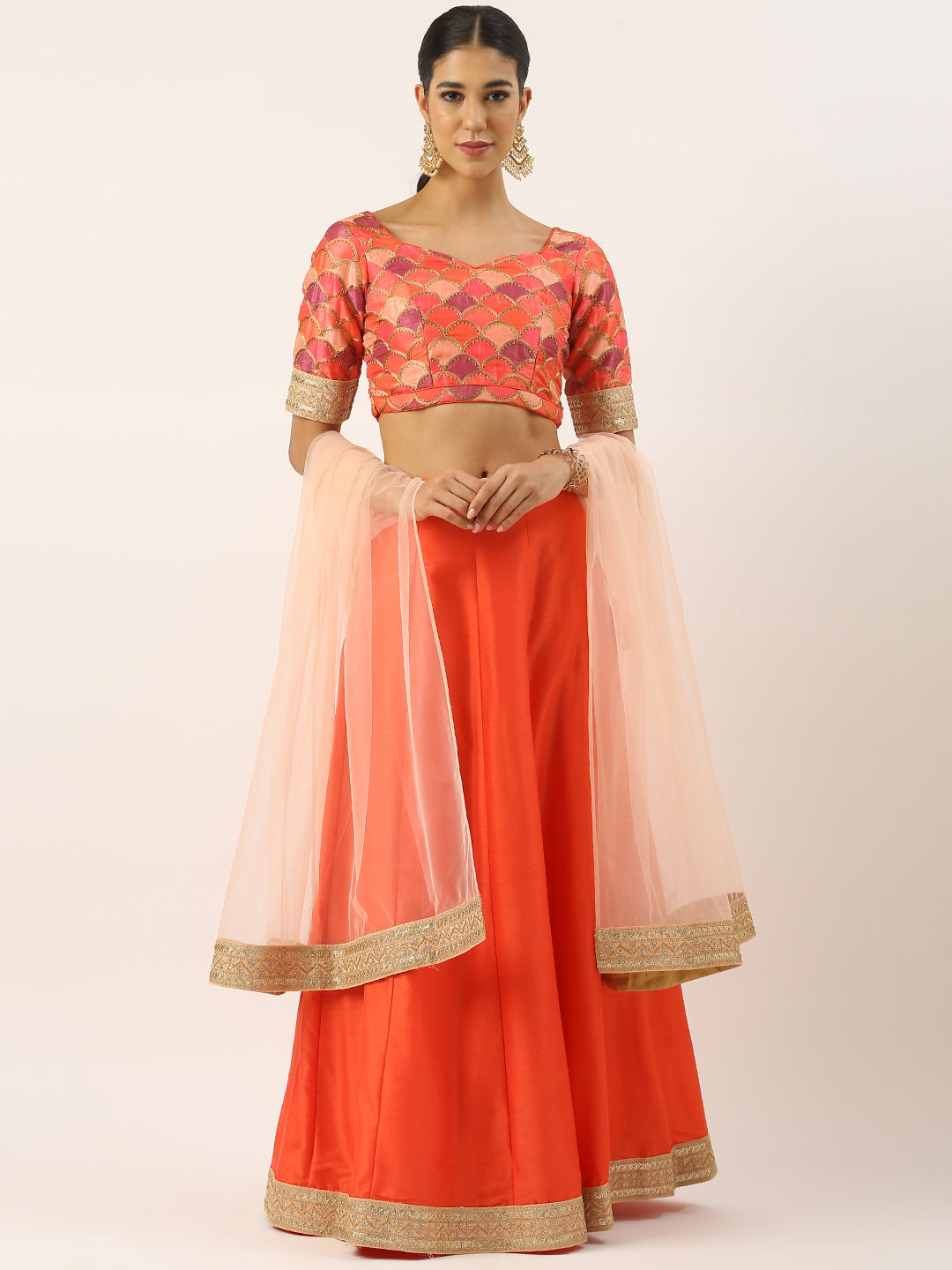Bollywood Vogue Ready To Wear Multicolor Embroidered Silk N Orange Lehenga Set - Front View