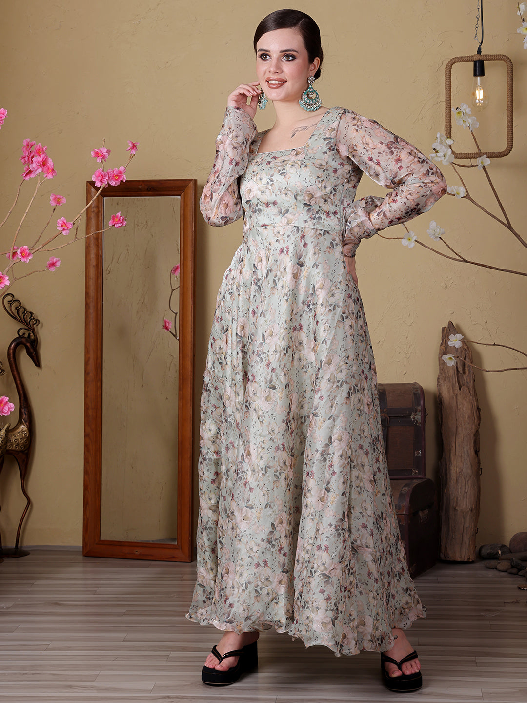 Bollywood Vogue Ready To Wear Sea Green Organza Satin Printed Anarkali Suit - Side View