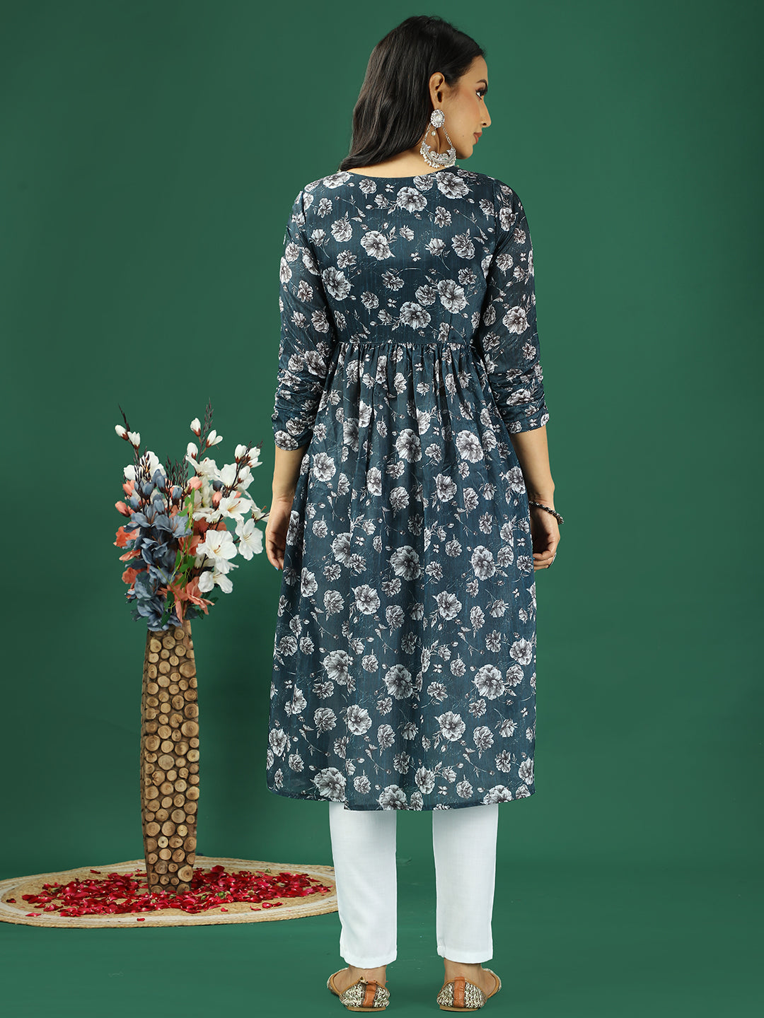 Bollywood Vogue Ready To Wear Blue Chinon Printed Gathered Style Kurta Set - Back View