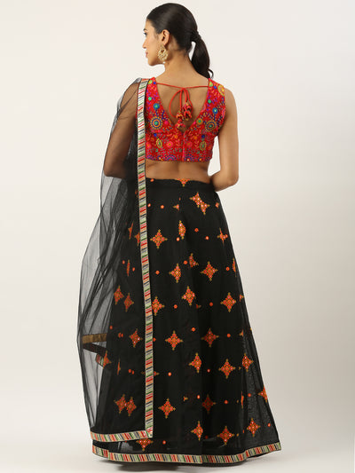 Bollywood Vogue Ready To Wear Red N Black Embroidered Cotton Lehenga Set - Back View