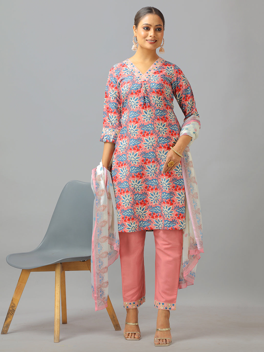 Bollywood Vogue Ready To Wear Multicolored Semi Cotton Printed Straight Pant Suit - Side View