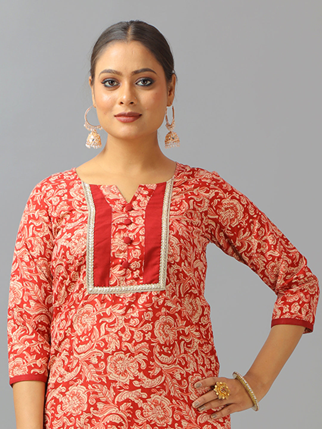 Bollywood Vogue Ready To Wear Maroon Semi Cotton Printed Wide Leg Pant Suit - Additional View 1
