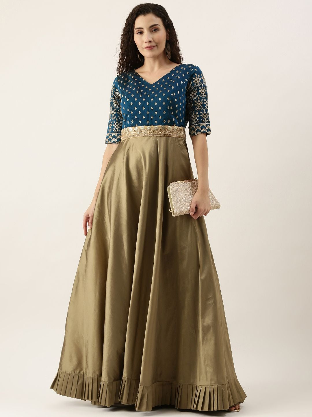 Bollywood Vogue Ready To Wear Blue Chanderi N Prairie Sand Floor Length Gown - Front View
