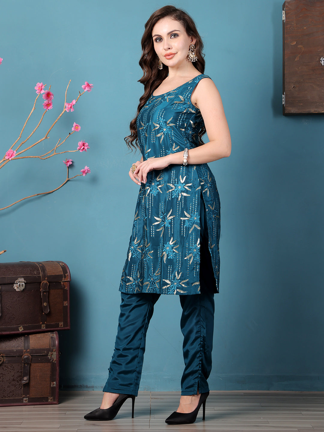 Bollywood Vogue Ready To Wear Teal Green Crepe Embroidered Salwar Kameez - Side View