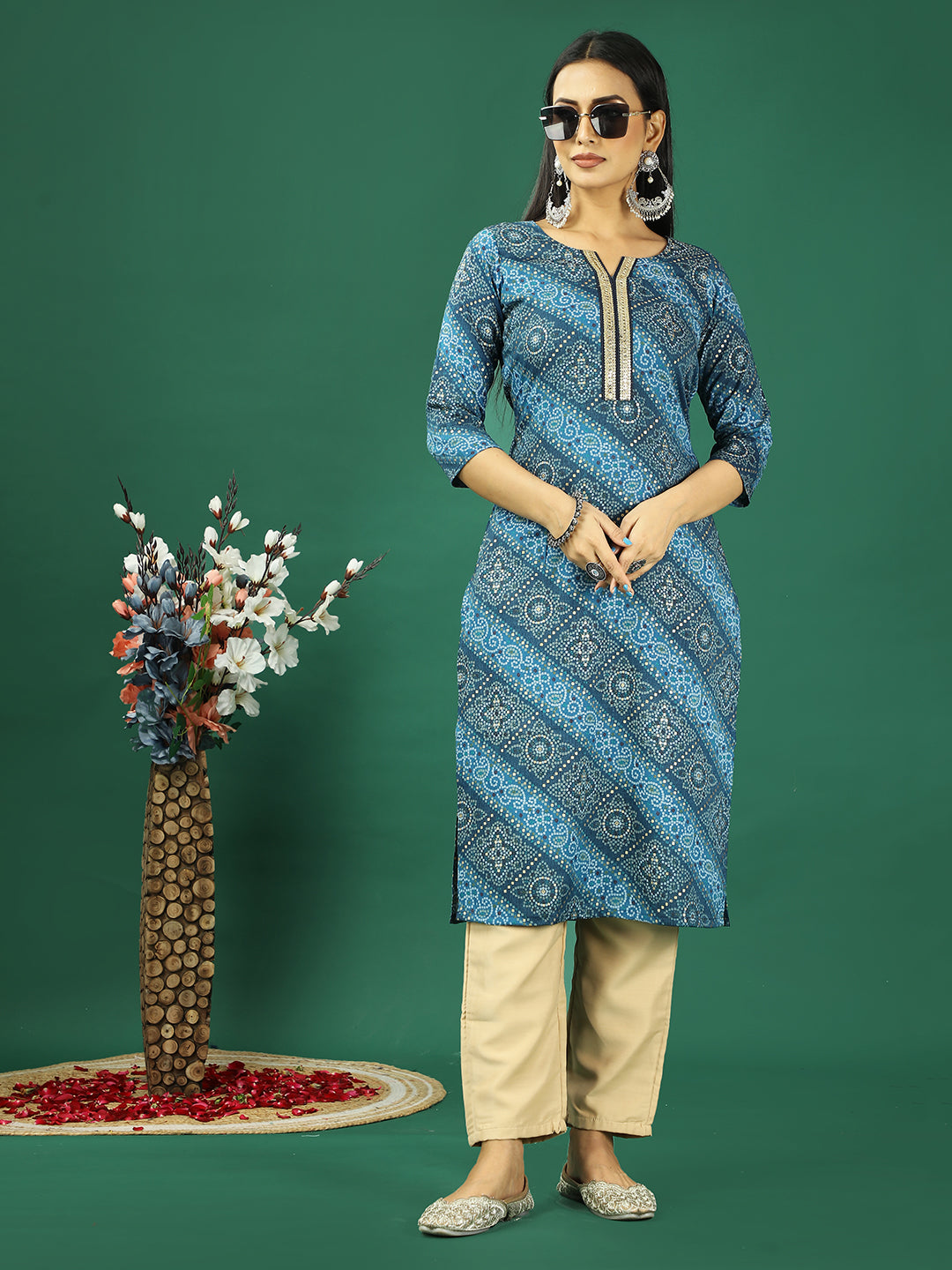 Bollywood Vogue Ready To Wear Blue Foil Print Art Silk Kurta Set - Front View