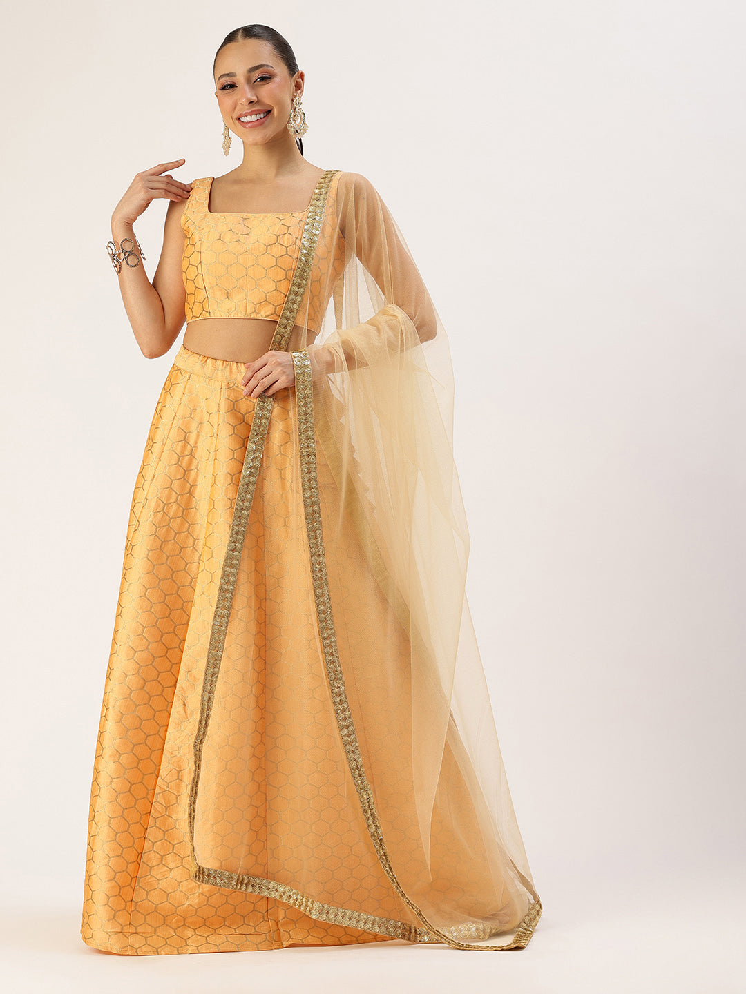 Bollywood Vogue Ready To Wear Peach Jacquard Kali Lehenga - Front View