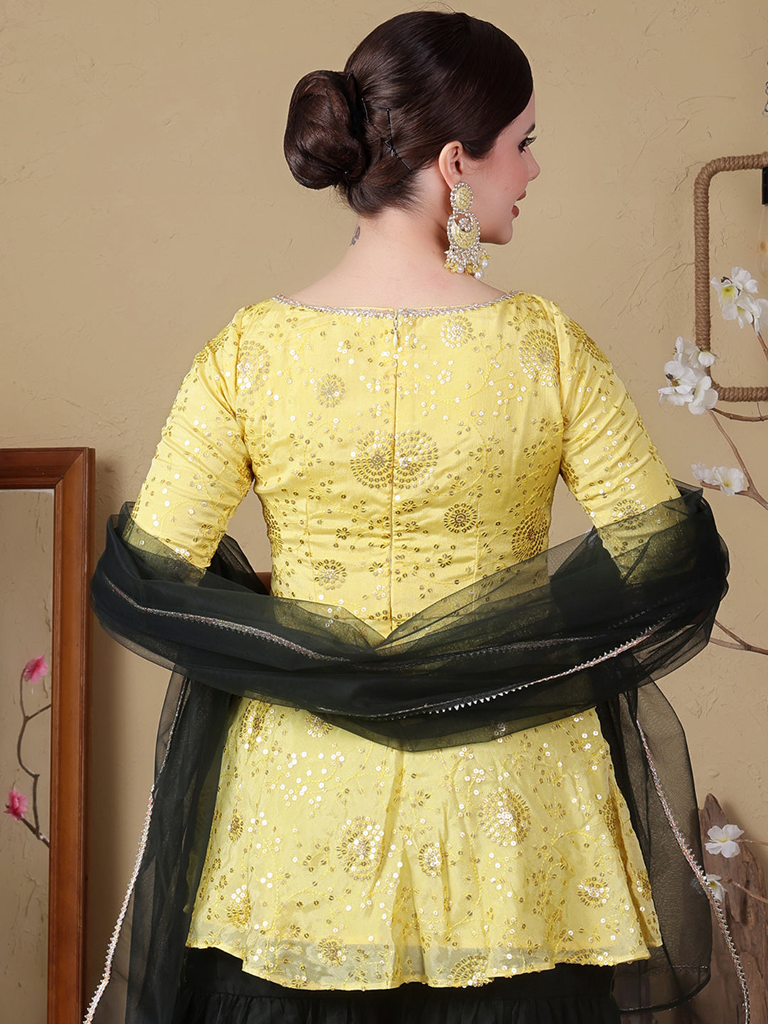 Bollywood Vogue Ready To Wear Yellow Chinon Embroidered N Green Net Gharara Set - Look Shot