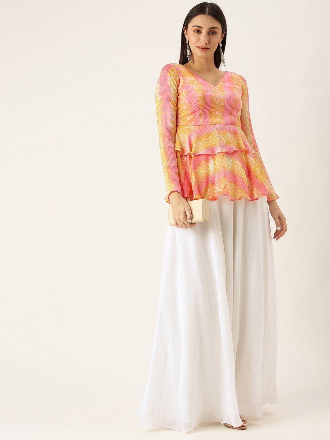 Bollywood Vogue Ready To Wear Pink Foil Printed Peplum Skirt Set - Side View