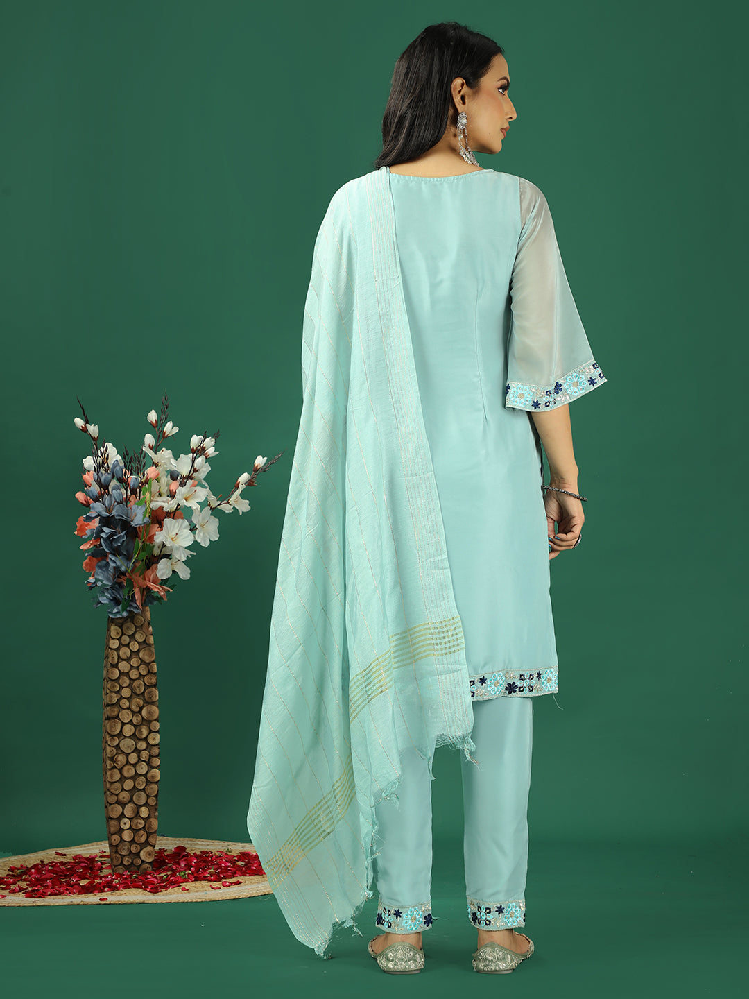 Bollywood Vogue Ready To Wear Blue Organza Embroidred Straight Pant Suit - Back View