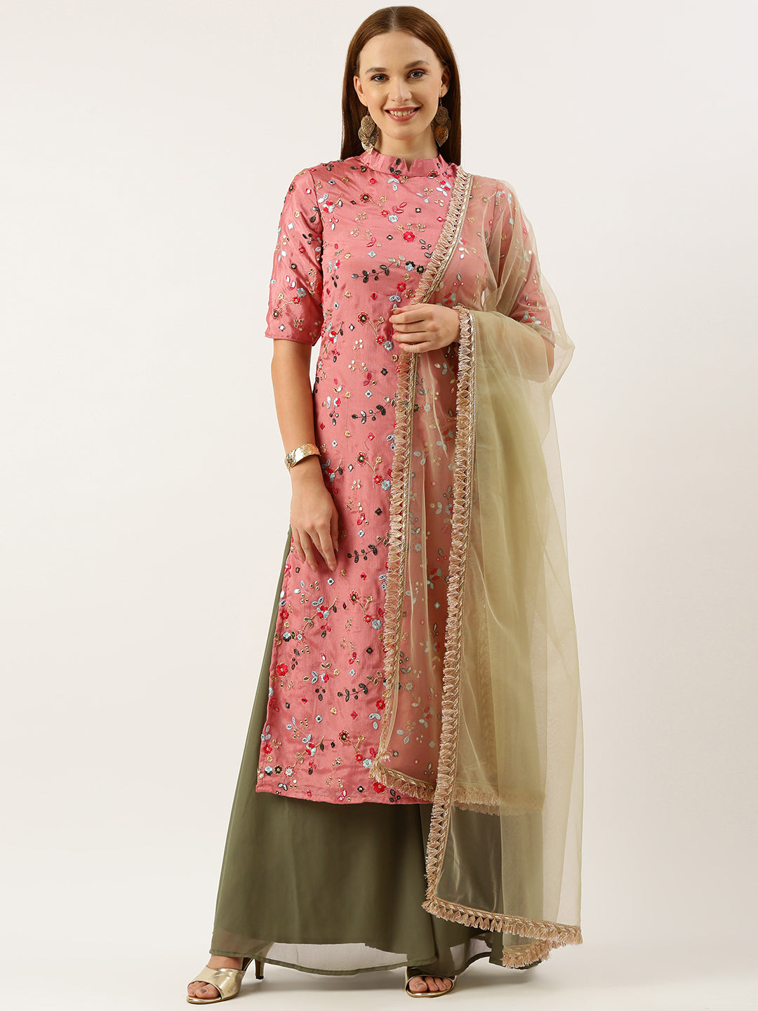 Bollywood Vogue Ready To Wear Rouge Pink Embroidered Collar Neck Palazzo Suit - Front View