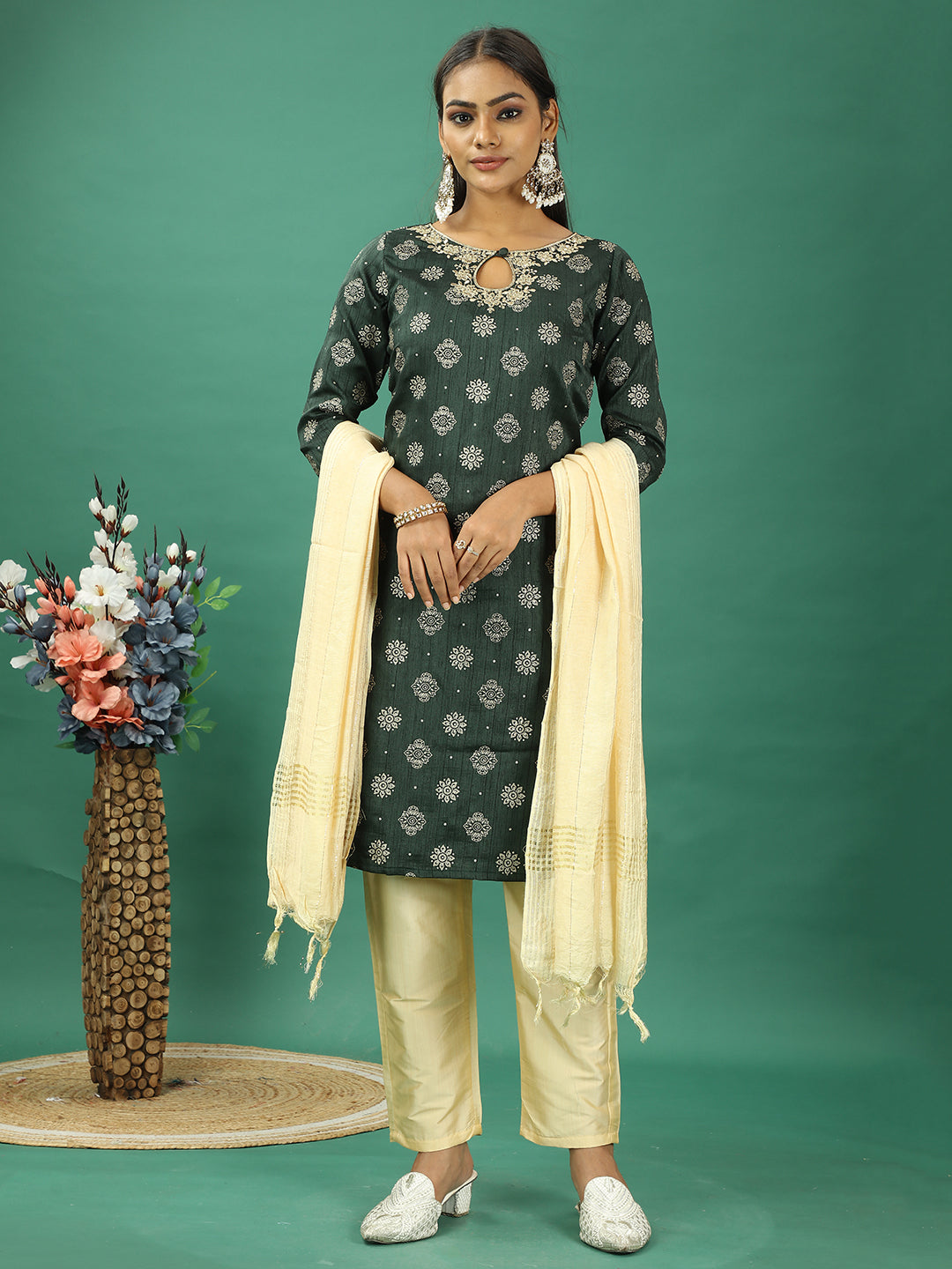 Bollywood Vogue Ready To Wear Gold Art Silk Embroidered Straight Pant Suit - Front View