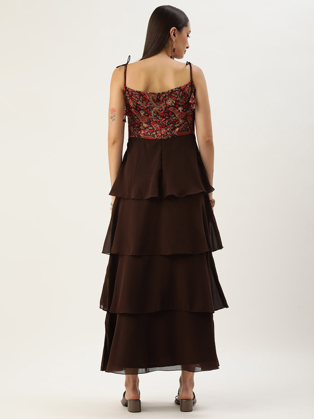 Bollywood Vogue Ready To Wear Multicolored Art Silk Printed N Brown Layered Dress - Back View