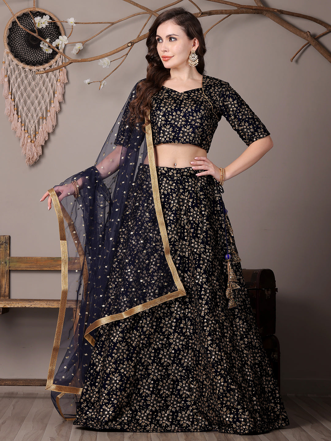 Bollywood Vogue Ready To Wear Blue Embroidered Velvet Lehenga - Front View