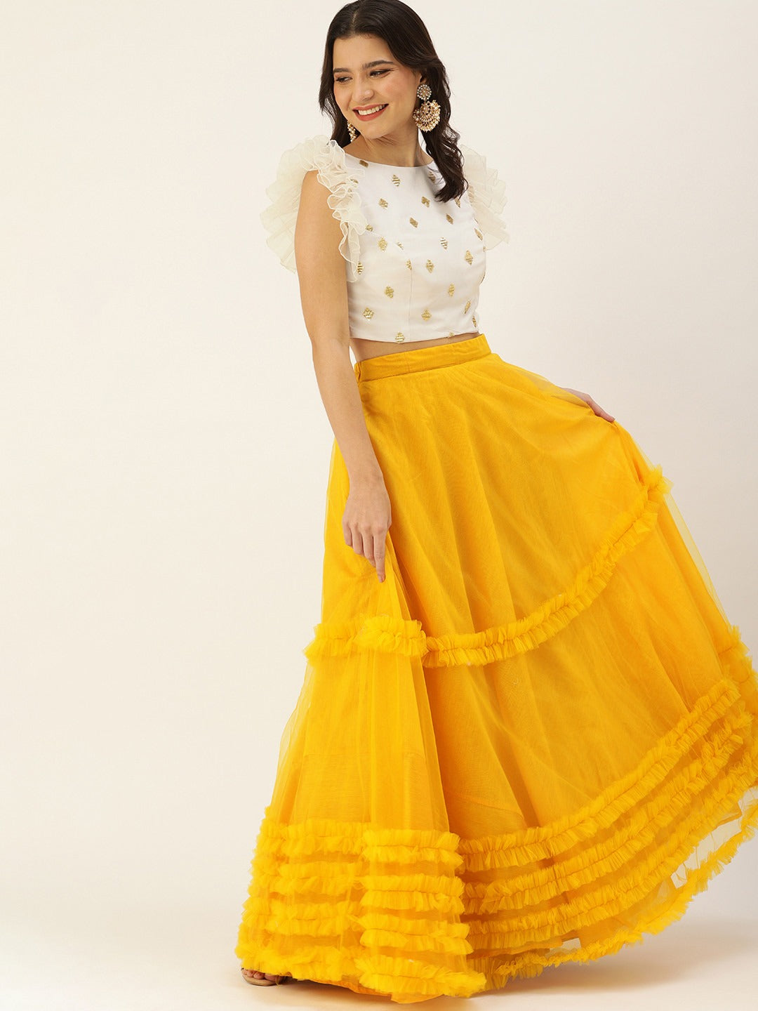 Bollywood Vogue Ready To Wear Yellow N White Embroidered Skirt Set - Side View