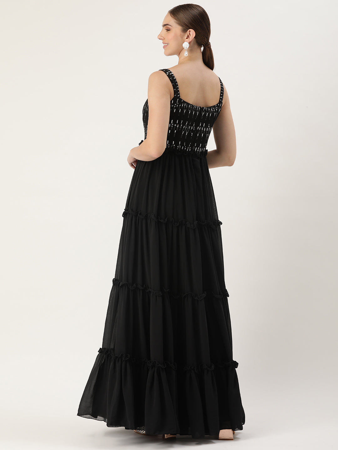 Bollywood Vogue Ready To Wear Black Georgette Sequins Gown - Back View