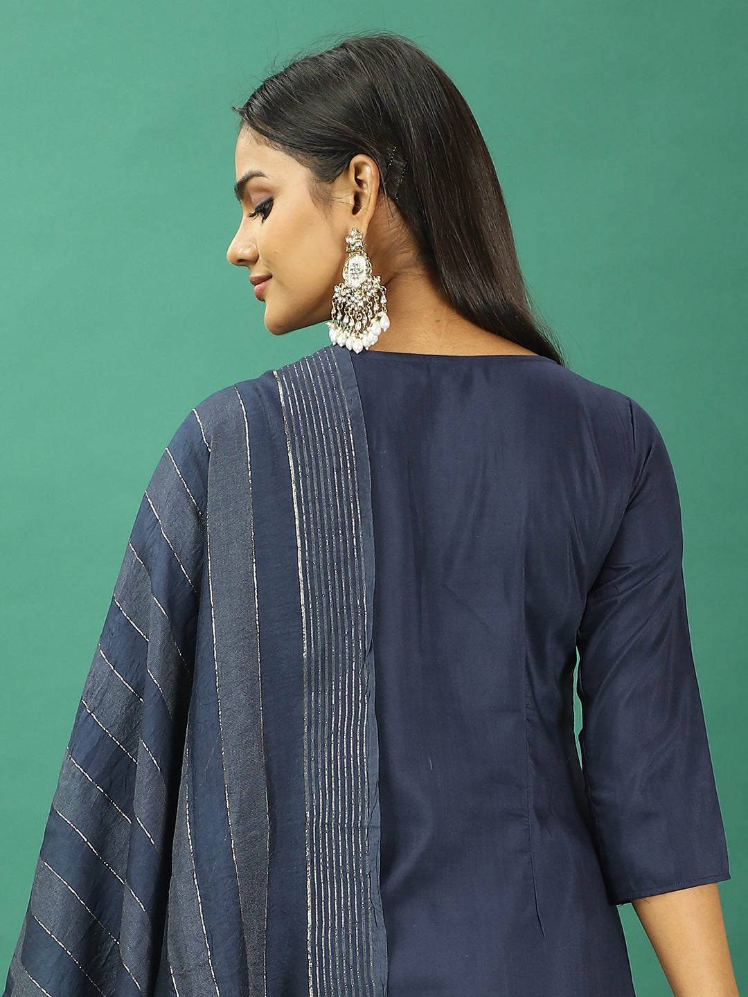 Bollywood Vogue Ready To Wear Blue Silk Embroidered Narrow Straight Pant Suit - Look Shot