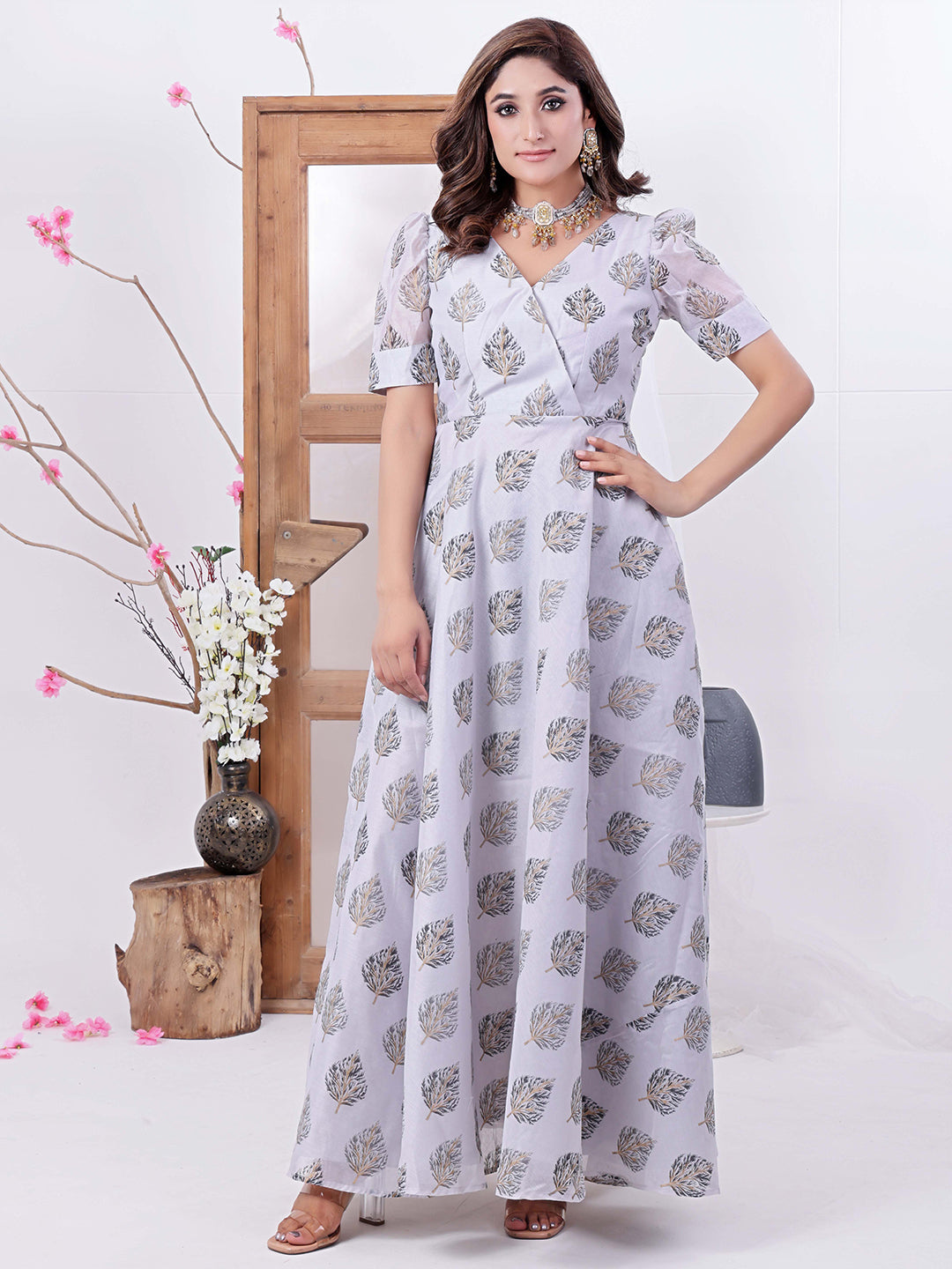 Bollywood Vogue Ready To Wear Lilac Hint Chanderi Silk Maxi Dress - Detail View