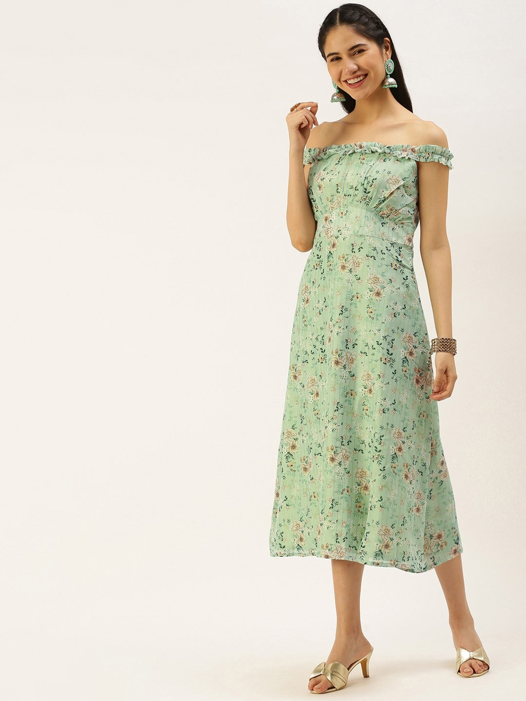 Bollywood Vogue Ready To Wear Green Muslin Off Shoulder Dress - Detail View