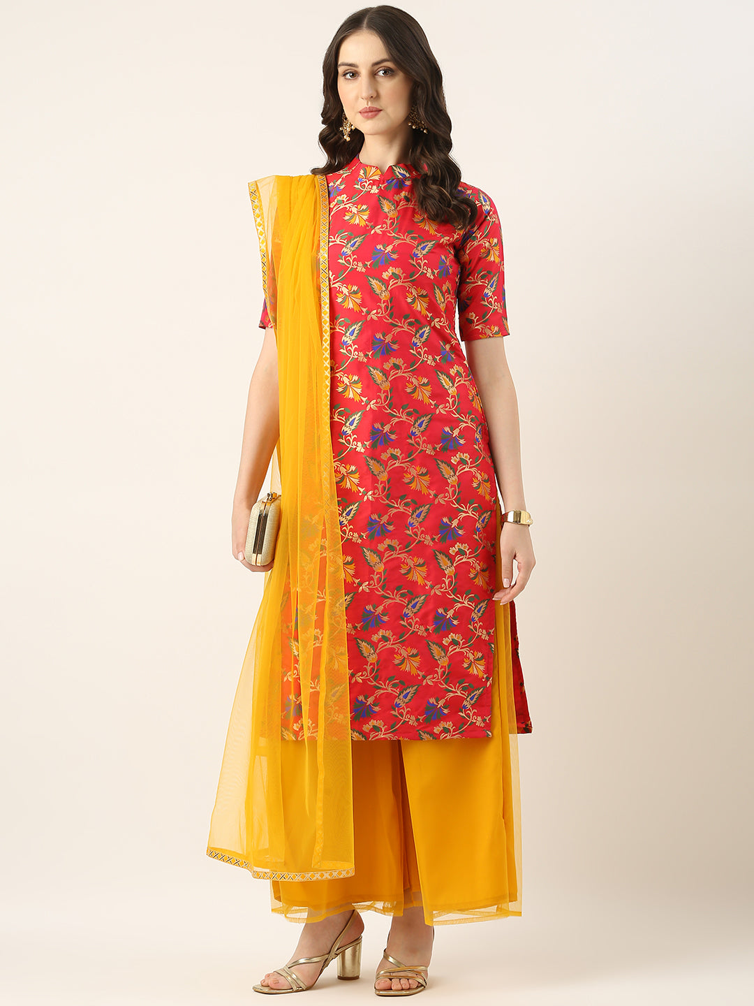 Bollywood Vogue Ready To Wear Magenta Jacquard N Yellow Palazzo Suit - Additional View 1