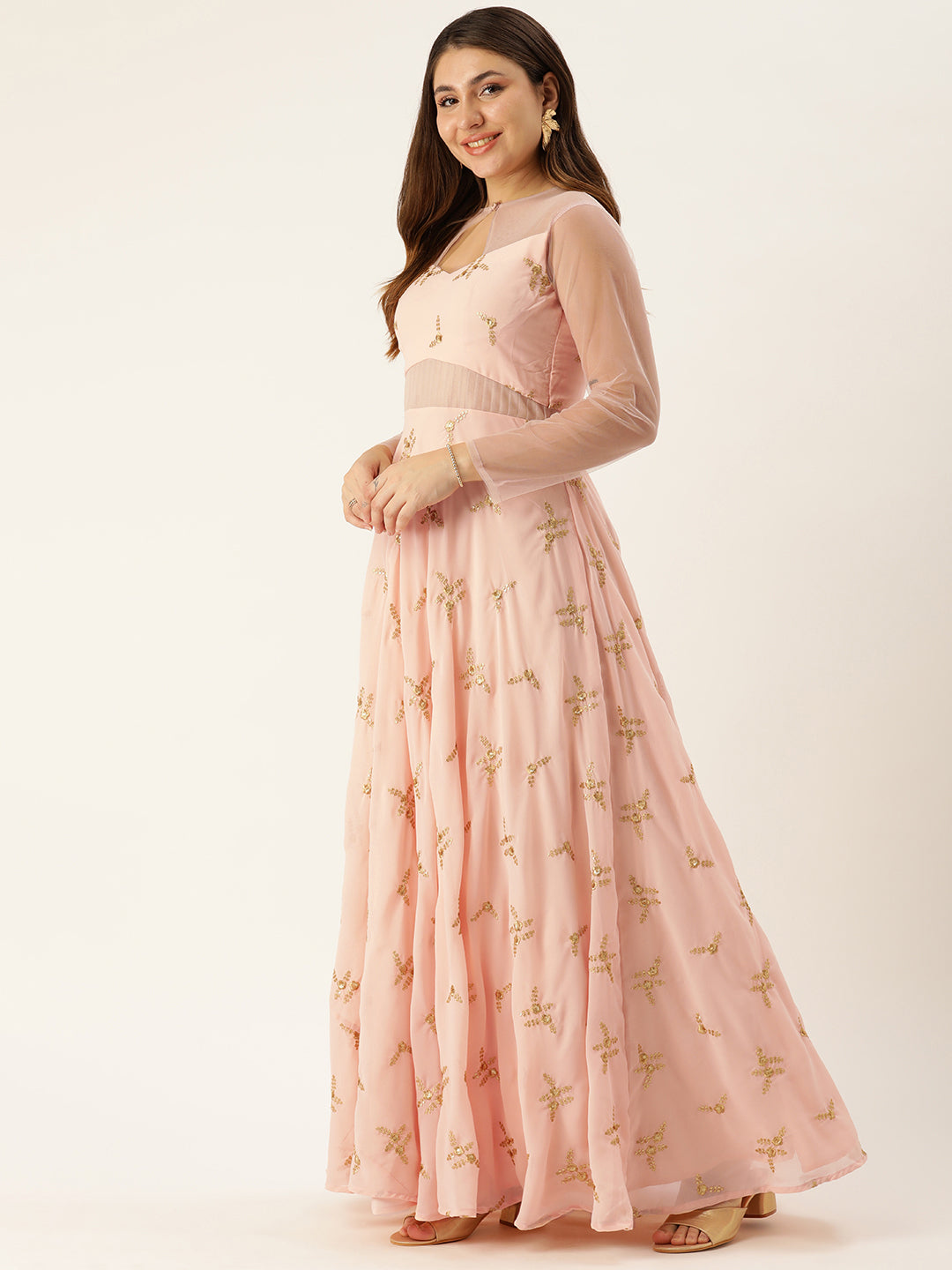 Bollywood Vogue Ready To Wear Peach Georgette Embroidered Gown - Detail View
