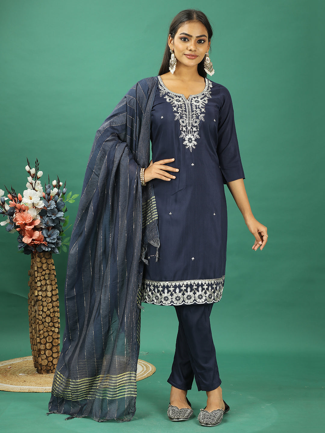 Bollywood Vogue Ready To Wear Blue Silk Embroidered Narrow Straight Pant Suit - Front View