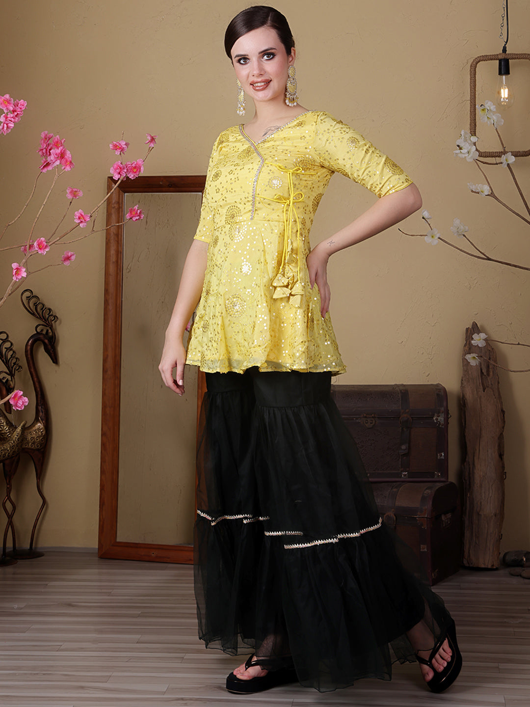 Bollywood Vogue Ready To Wear Yellow Chinon Embroidered N Green Net Gharara Set - Side View