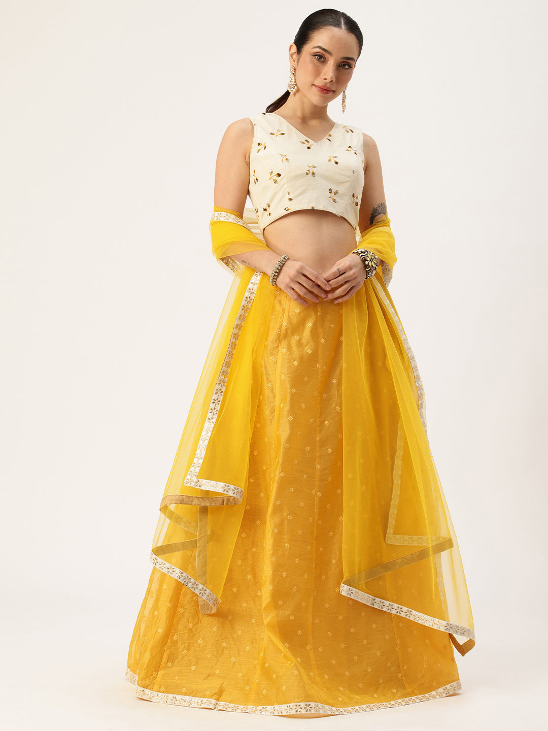 Bollywood Vogue Ready To Wear Off White N Mustard Embroidered Cotton Lehenga Set - Front View