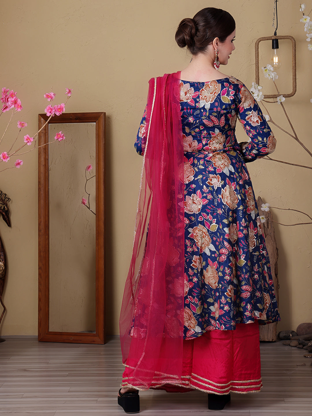 Bollywood Vogue Ready To Wear Blue Viscose Printed N Pink Chinon Anarkali Suit - Back View