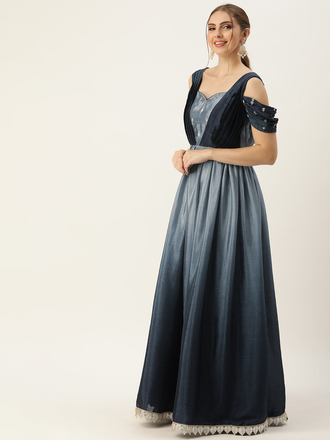 Bollywood Vogue Ready To Wear Grey Chinon Ombre N Embroidered Draped Style Gown - Side View