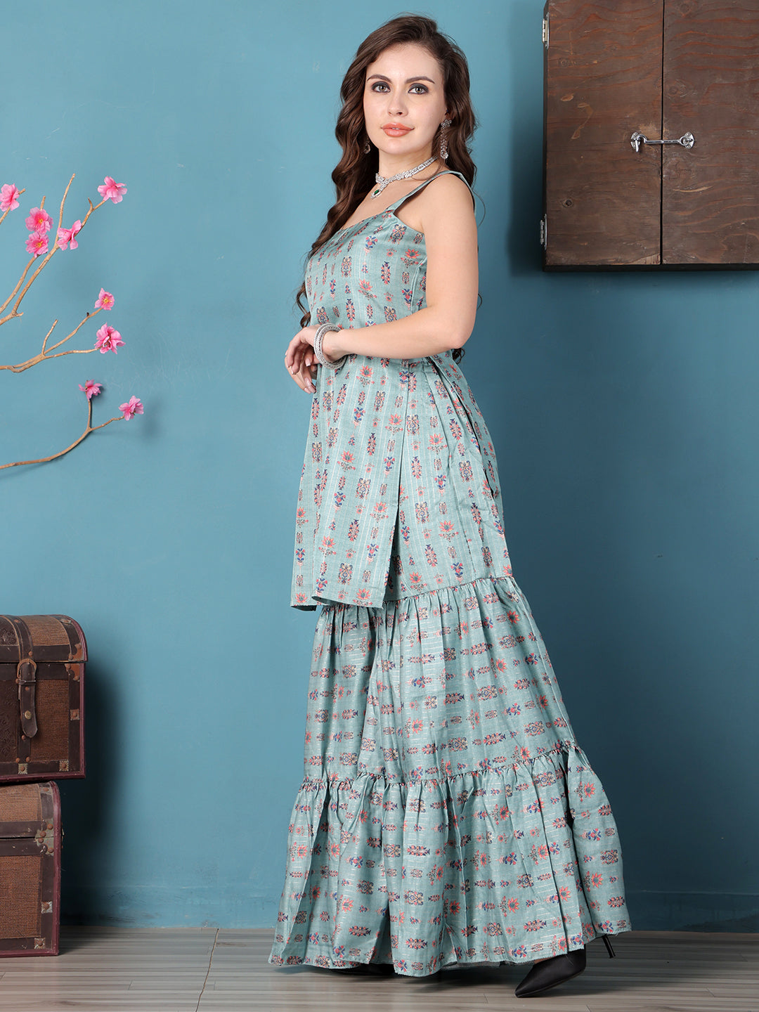 Bollywood Vogue Ready To Wear Green Art Silk Digital Printed Gharara Suit - Side View
