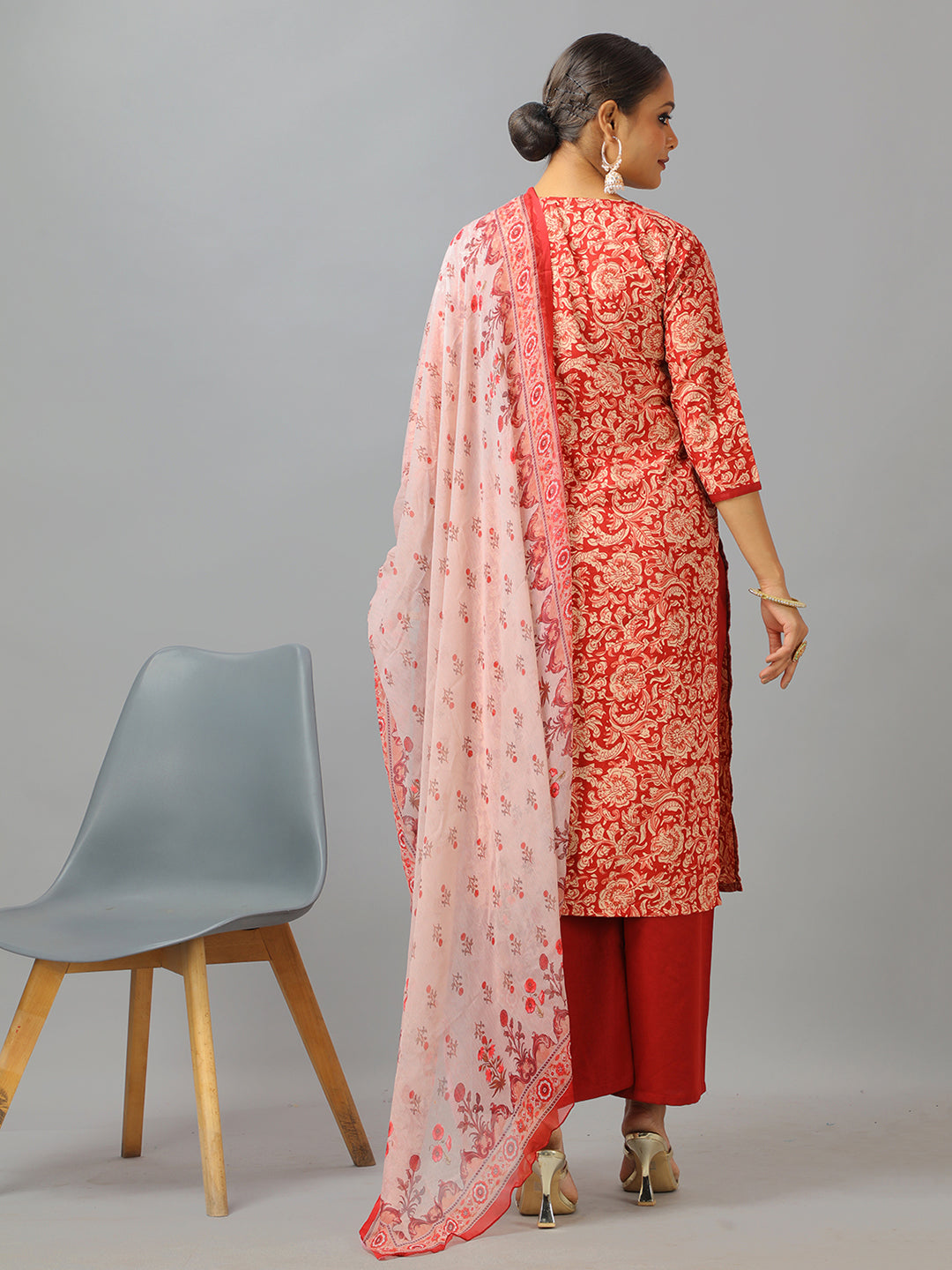 Bollywood Vogue Ready To Wear Maroon Semi Cotton Printed Wide Leg Pant Suit - Back View