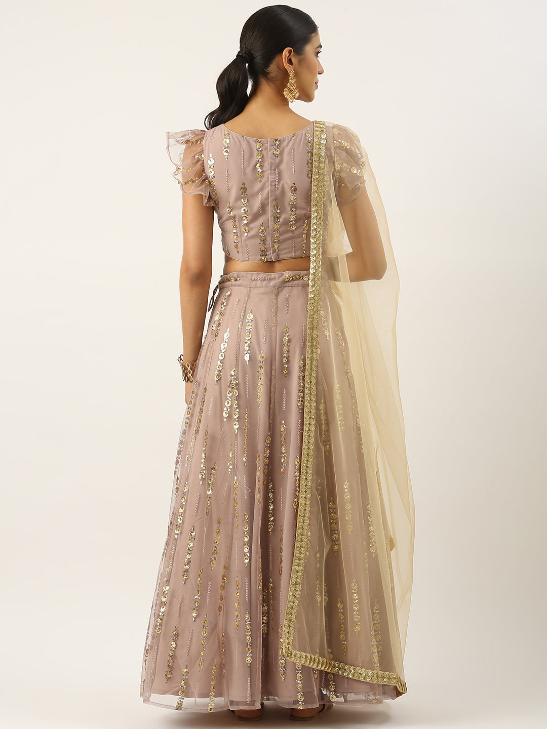 Bollywood Vogue Ready To Wear Mauve Net Sequins Embroidered Lehenga Set - Back View