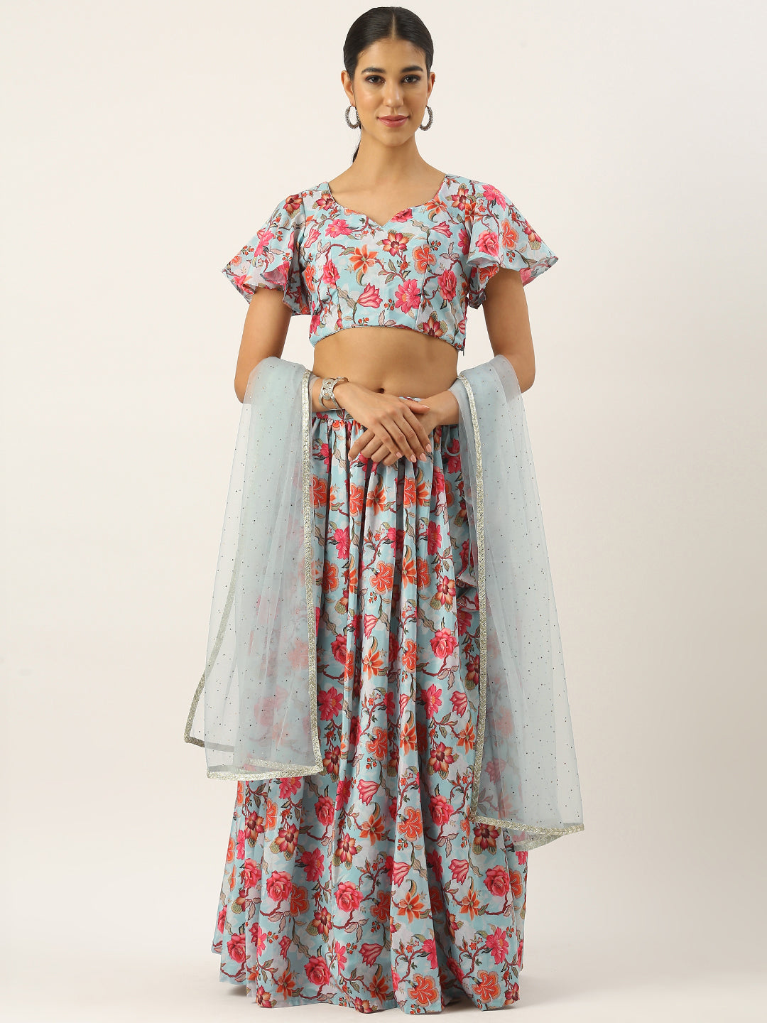 Bollywood Vogue Ready To Wear Sky Blue Art Silk Digital Print Lehenga Set - Front View