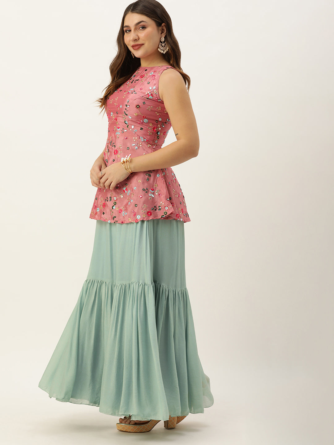 Bollywood Vogue Ready To Wear Rouge Pink N Blue Chinon Embroidered Skirt Set - Detail View