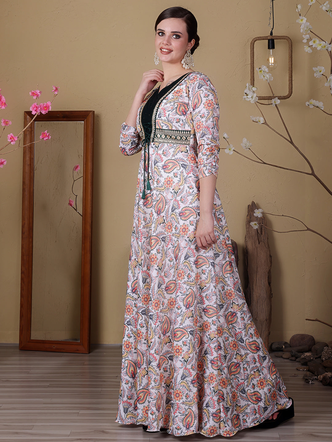 Bollywood Vogue Ready To Wear White N Green Satin Digital Printed Anarkali Suit - Side View