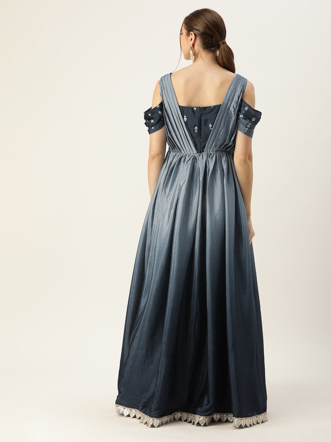 Bollywood Vogue Ready To Wear Grey Chinon Ombre N Embroidered Draped Style Gown - Back View