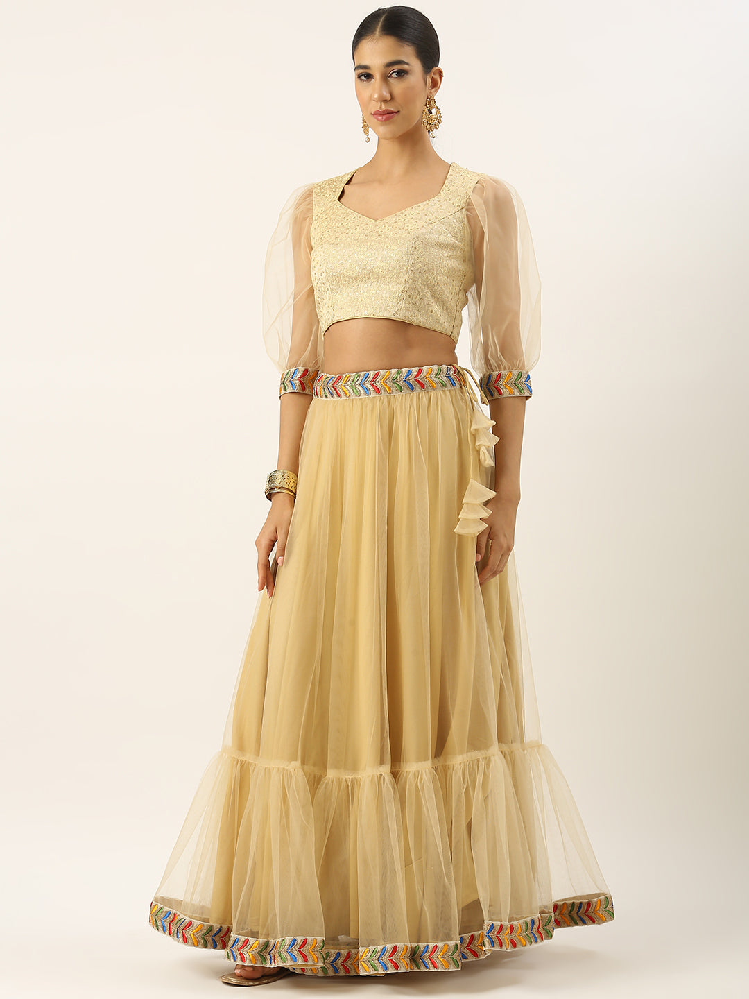Bollywood Vogue Ready To Wear Beige Embroidered Tiered Gather Style Lehenga Set - Additional View 1