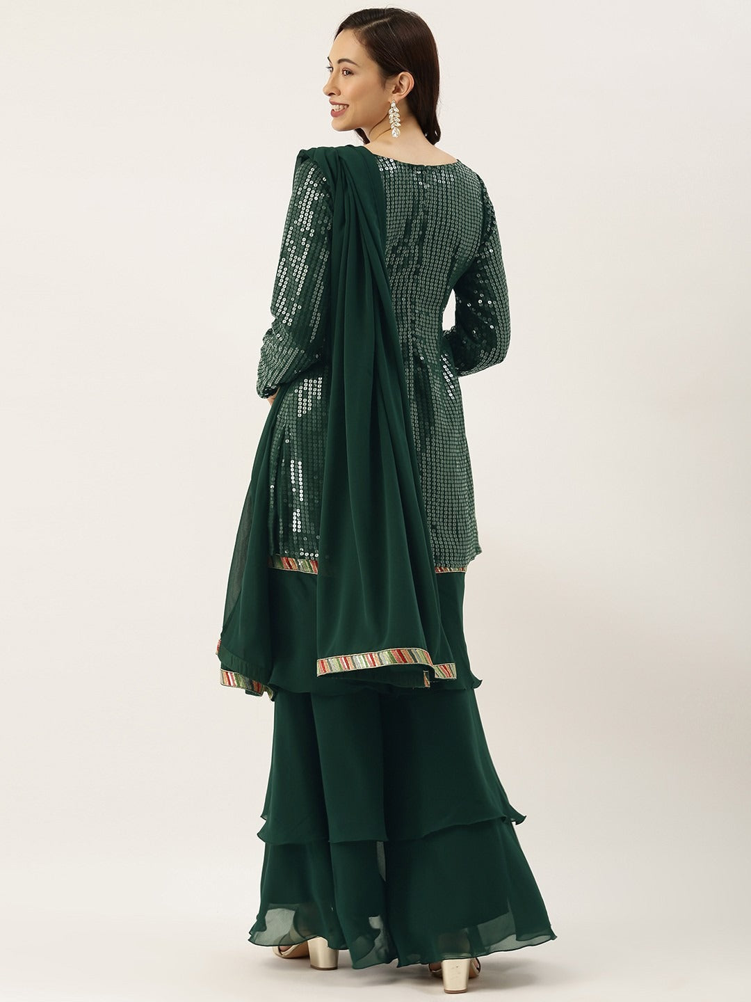 Bollywood Vogue Ready To Wear Green Georgette Embroidered Layered Gharara Suit - Back View