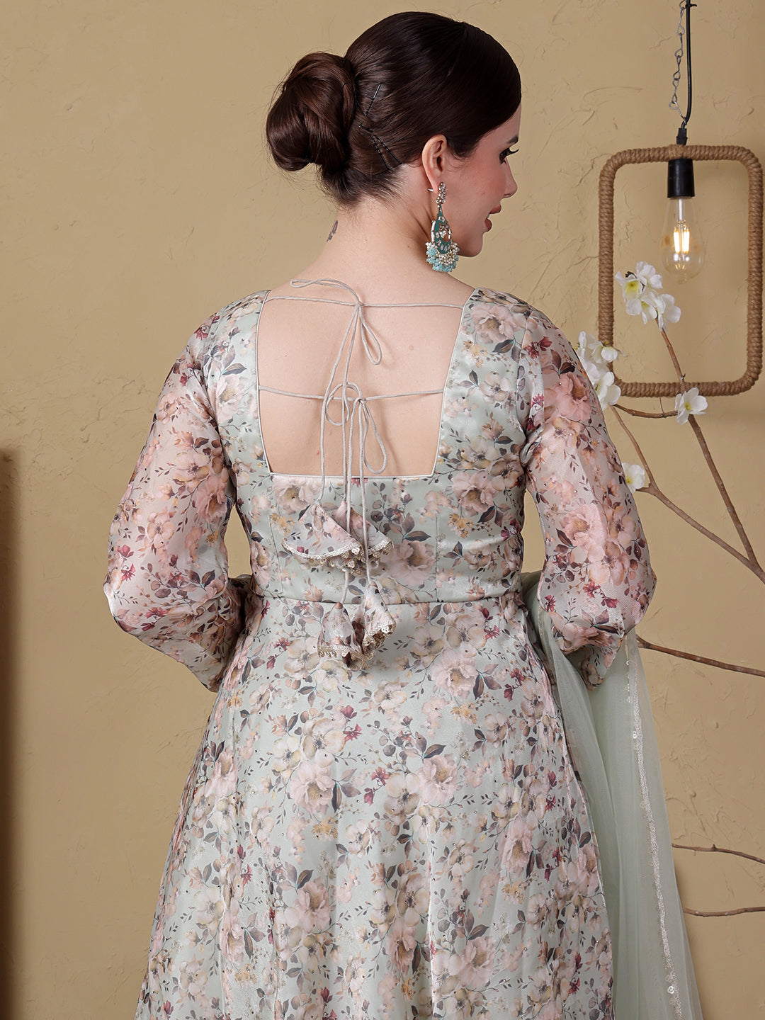 Bollywood Vogue Ready To Wear Sea Green Organza Satin Printed Anarkali Suit - Additional View 1