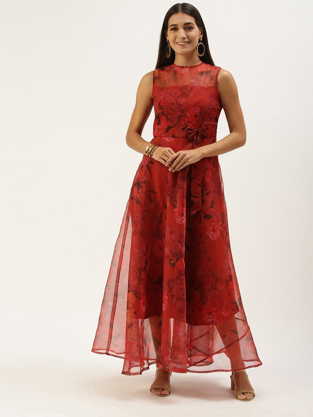 Bollywood Vogue Ready To Wear Red Organza Digital Printed Dress - Front View